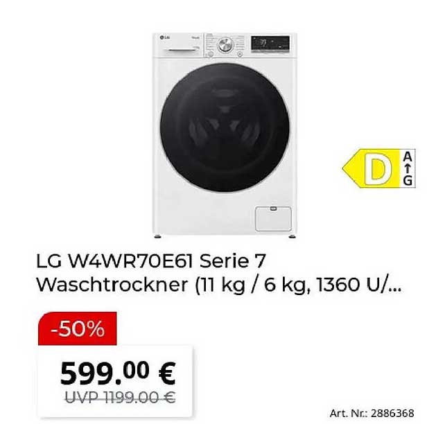 LG W4WR70E61 Serie 7 Waschtrockner (11 kg / 6 kg, 1360 U/...