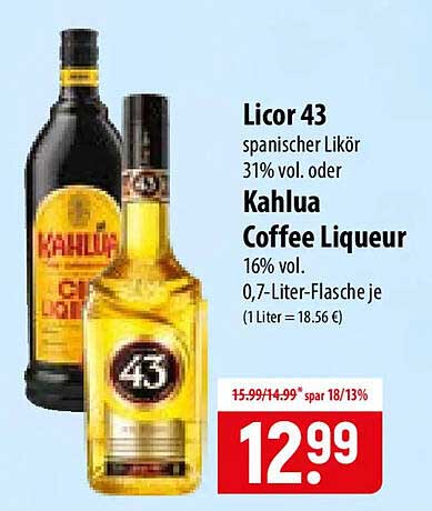 Licor 43 spanischer Likör 31% vol. oder Kahlua Coffee Liqueur 16% vol. 0,7-Liter-Flasche je