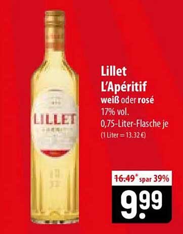 Lillet L'Apéritif weiß oder rosé 17% vol. 0,75-Liter-Flasche je