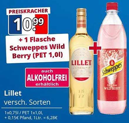 Lillet versch. Sorten + 1 Flasche Schweppes Wild Berry (PET 1,0l)
