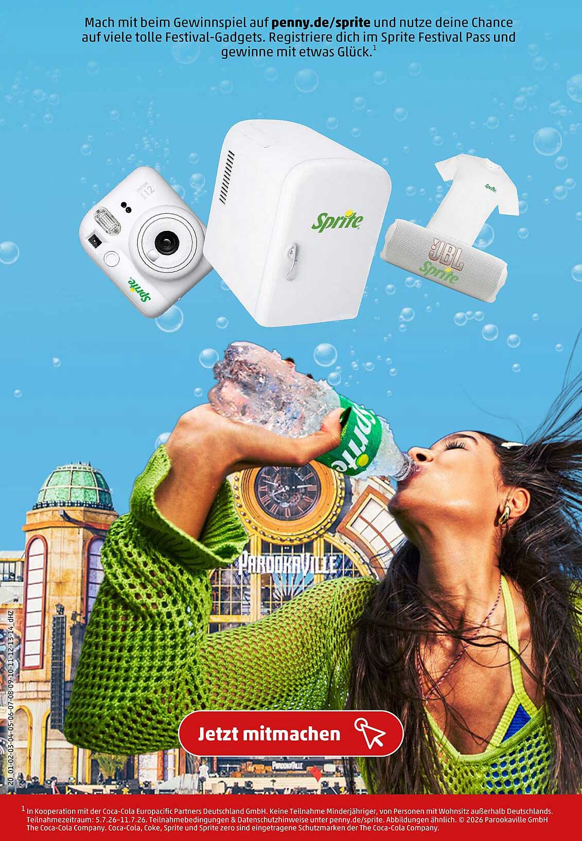 Mach mit beim Gewinnspiel auf penny.de/sprite und nutze deine Chance auf viele tolle Festival-Gadgets. Registriere dich im Sprite Festival Pass und gewinne mit etwas Glück.