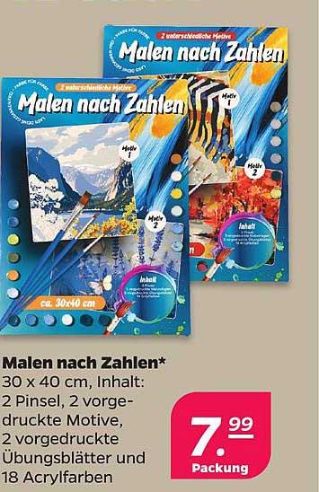 Malen nach Zahlen* 30 x 40 cm, Inhalt: 2 Pinsel, 2 vorge- druckte Motive, 2 vorgedruckte Übungsblätter und 18 Acrylfarben