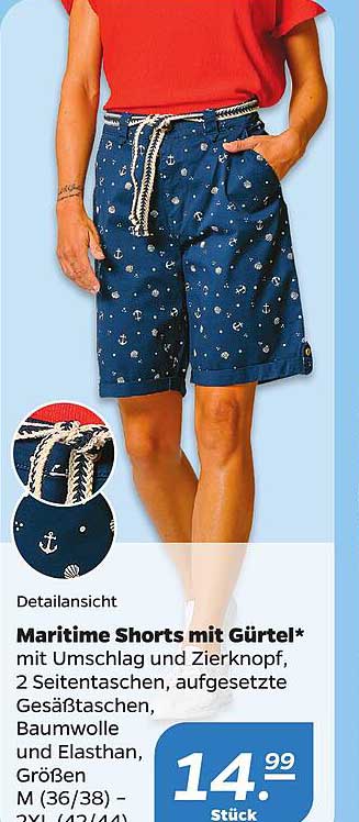 Maritime Shorts mit Gürtel* mit Umschlag und Zierknopf, 2 Seitentaschen, aufgesetzte Gesäßtaschen, Baumwolle und Elasthan, Größen M (36/38) – 2XL (42/44)