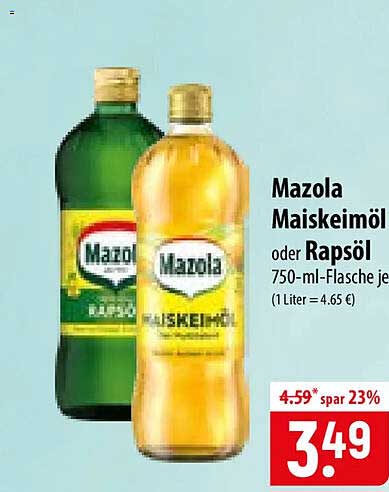 Mazola Maiskeimöl oder Rapsöl 750-ml-Flasche je (1 Liter = 4.65 €)