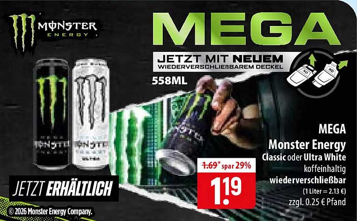MEGA Monster Energy Classic oder Ultra White koffeinhaltig wiederverschließbar