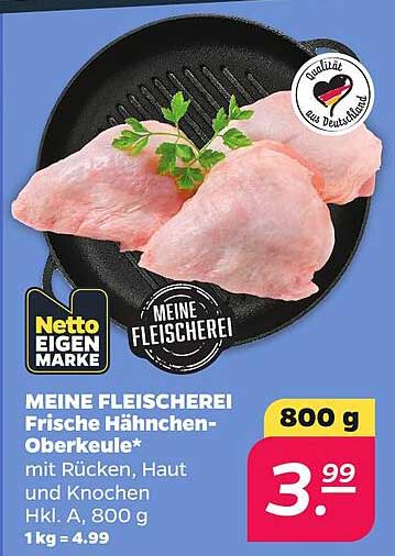 MEINE FLEISCHEREI Frische Hähnchen-Oberkeule* mit Rücken, Haut und Knochen Hkl. A, 800 g