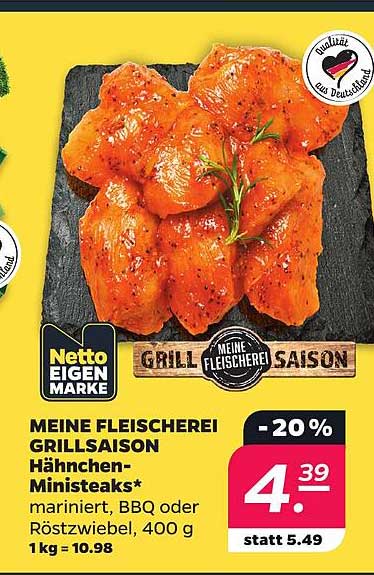 MEINE FLEISCHEREI GRILLSAISON Hähnchen-Ministeaks* mariniert, BBQ oder Röstzwiebel, 400 g