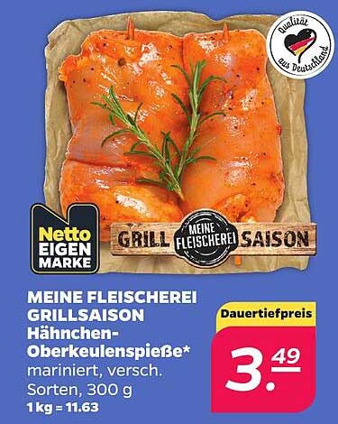 MEINE FLEISCHEREI GRILLSAISON Hähnchen- Oberkeulenspieße* mariniert, versch. Sorten, 300 g 1 kg = 11.63