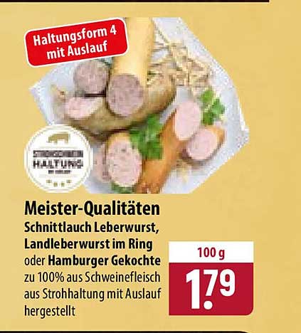 Meister-Qualitäten Schnittlauch Leberwurst, Landleberwurst im Ring oder Hamburger Gekochte