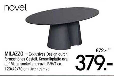 MILAZZO – Exklusives Design durch formschönes Gestell. Keramikplatte oval auf Metallsockel anthrazit, B/H/T ca. 120x42x70 cm. Art.: 1397125