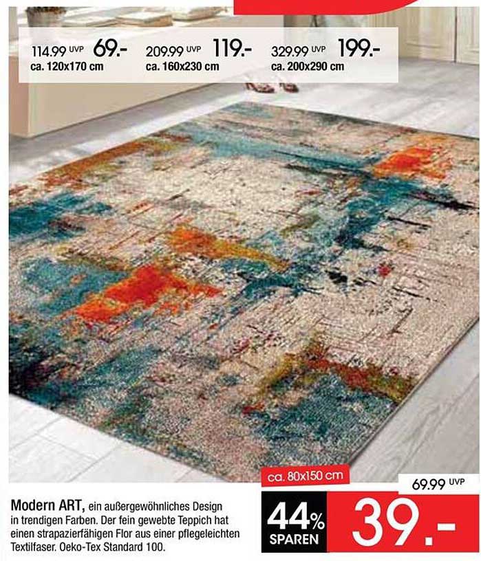 Modern ART, ein außergewöhnliches Design in trendigen Farben. Der fein gewebte Teppich hat einen strapazierfähigen Flor aus einer pflegeleichten Textilfaser. Oeko-Tex Standard 100.