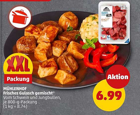 MÜHLENHOF Frisches Gulasch gemischt* Vom Schwein und Jungbullen, je 800-g-Packung (1 kg = 8.74)
