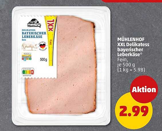 MÜHLENHOF XXL Delikatess bayerischer Leberkäse* Fein, je 500 g (1 kg = 5.98)