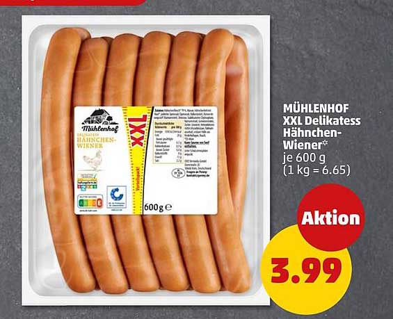 MÜHLENHOF XXL Delikatess Hähnchen-Wiener* je 600 g (1 kg = 6.65)