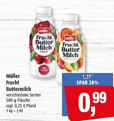 Müller Frucht Buttermilch verschiedene Sorten 500-g-Flasche zzgl. 0,25 € Pfand 1 kg = 1,98