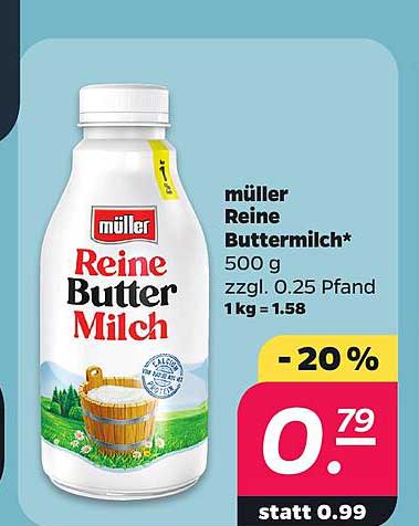müller Reine Buttermilch* 500 g zzgl. 0.25 Pfand 1kg =1.58