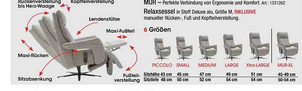 MUR – Perfekte Verbindung von Ergonomie und Komfort. Art.: 1331262 Relaxsessel in Stoff Deluxe alu, Größe M, INKLUSIVE manueller Rücken-, Fuß und Kopfteilverstellung.