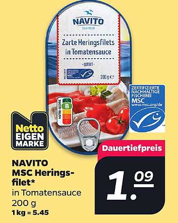NAVITO MSC Heringsfilet* in Tomatensauce 200 g 1kg = 5.45