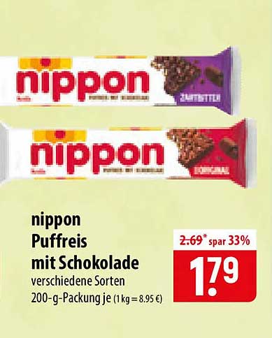 nippon Puffreis mit Schokolade verschiedene Sorten 200-g-Packung je (1 kg = 8,95 €)
