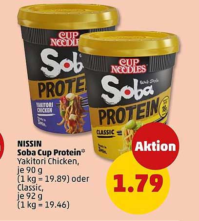 NISSIN Soba Cup Protein* Yakitori Chicken, je 90 g (1 kg = 19.89) oder Classic, je 92 g (1 kg = 19.46)