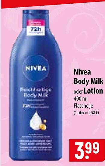 Nivea Body Milk oder Lotion 400 ml Flasche je (1 Liter = 9,98 €)