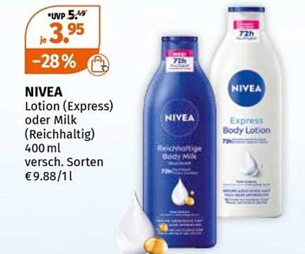 NIVEA Lotion (Express) oder Milk (Reichhaltig) 400 ml versch. Sorten €9.88/1l