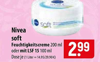 Nivea soft Feuchtigkeitscreme 200 ml oder mit LSF 15 100 ml Dose je (1 Liter = 14.95/29.90€)