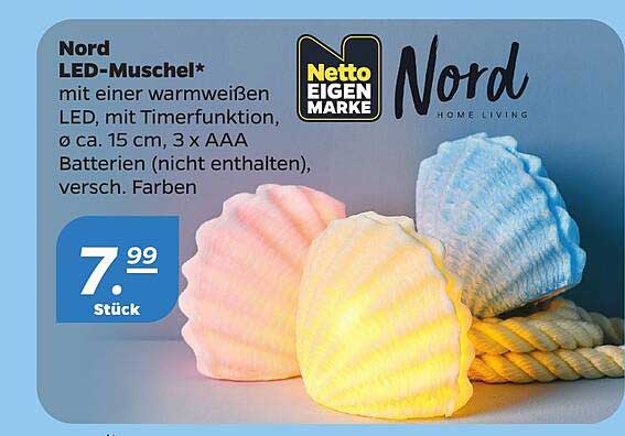 Nord LED-Muschel* mit einer warmweißen LED, mit Timerfunktion, Ø ca. 15 cm, 3 x AAA Batterien (nicht enthalten), versch. Farben