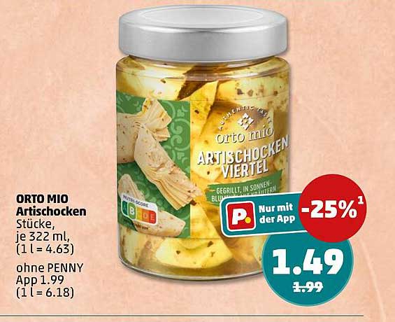 ORTO MIO Artischocken Stücke, je 322 ml, (1 l = 4.63) ohne PENNY App 1.99 (1 l = 6.18)