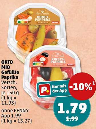 ORTO MIO Gefüllte Paprika Versch. Sorten, je 150 g (1 kg = 11.93) ohne PENNY App 1.99 (1 kg = 13.27)