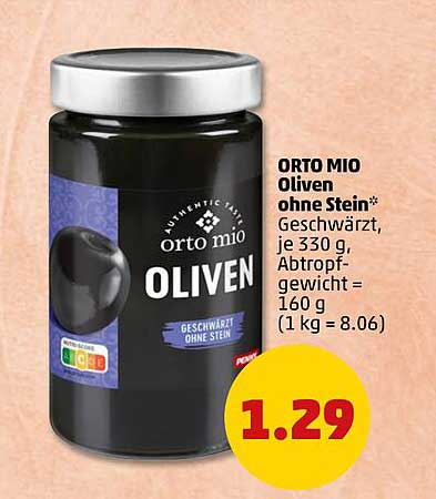 ORTO MIO Oliven ohne Stein* Geschwärzt, je 330 g, Abtropfgewicht – 160 g (1 kg = 8.06)