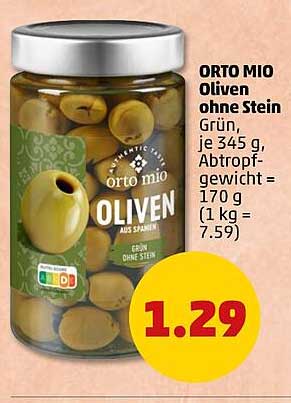 ORTO MIO Oliven ohne Stein Grün, je 345 g, Abtropf-gewicht = 170 g (1 kg = 7.59)