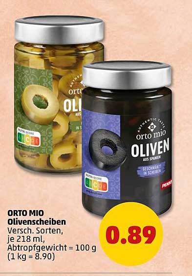 ORTO MIO Olivenscheiben Versch. Sorten, je 218 ml, Abtropfgewicht = 100 g (1 kg = 8.90)
