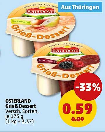 OSTERLAND Grieß Dessert Versch. Sorten, je 175 g (1 kg = 3.37)