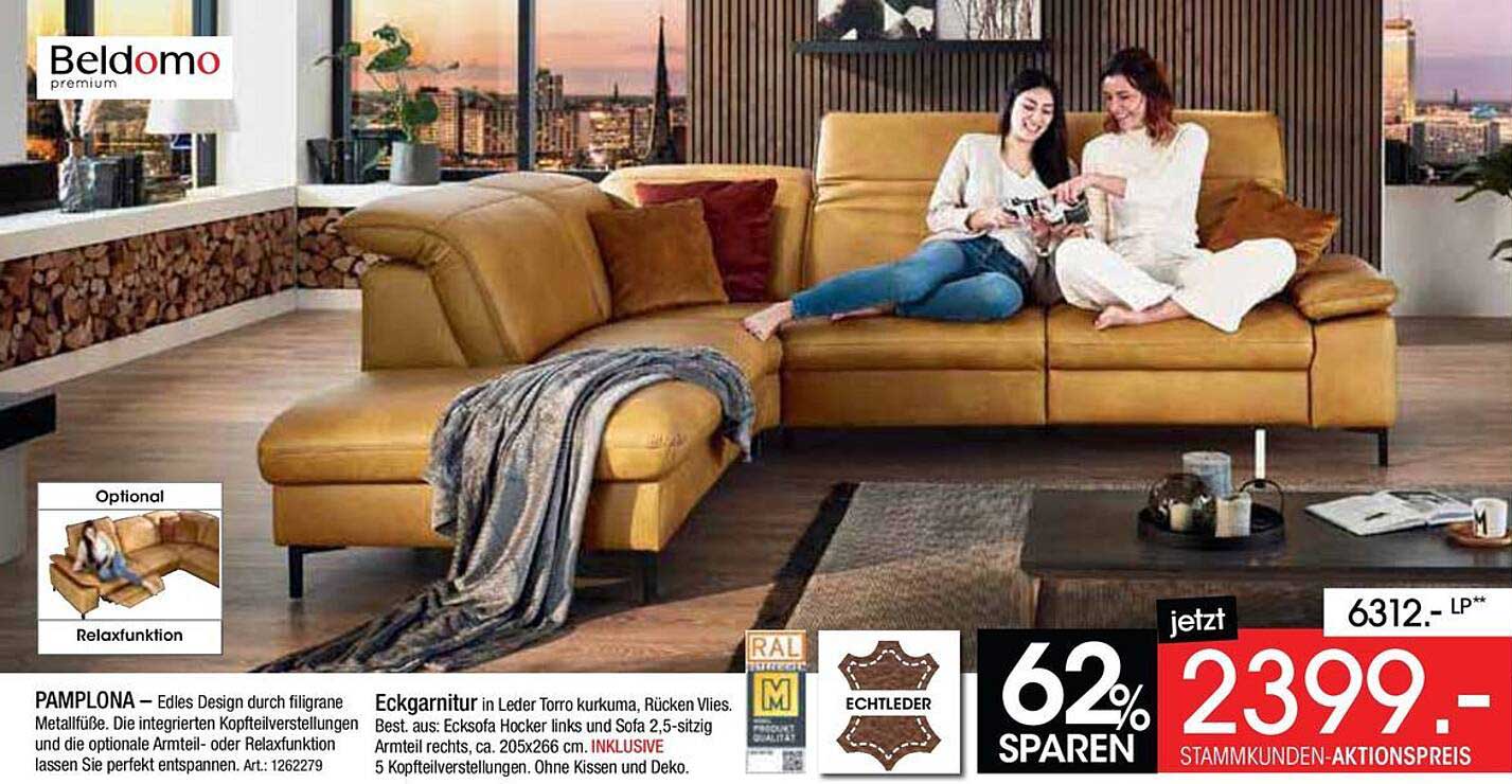 PAMPLONA — Edles Design durch filigrane Metallfüße. Die integrierten Kopfteilverstellungen und die optionale Armteil- oder Relaxfunktion lassen Sie perfekt entspannen. Art.: 1262279