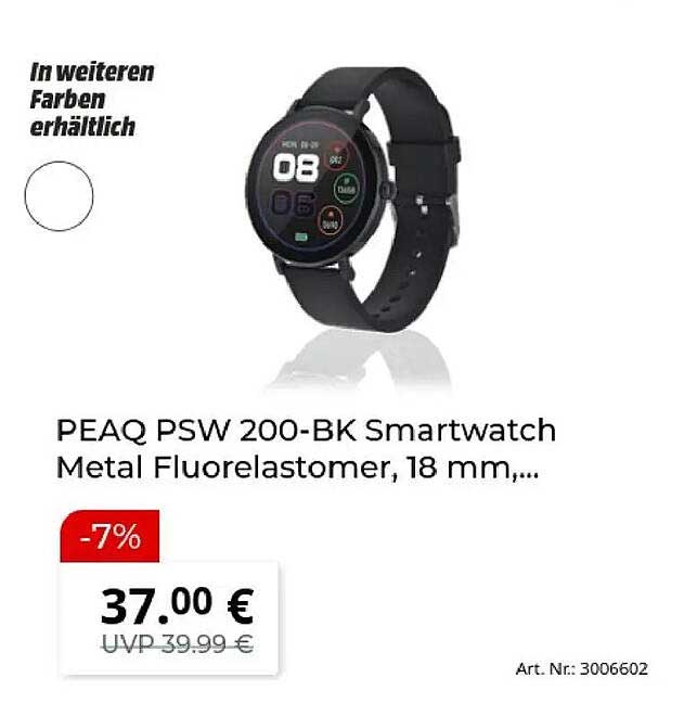 PEAQ PSW 200-BK Smartwatch Metal Fluorelastomer, 18 mm,...