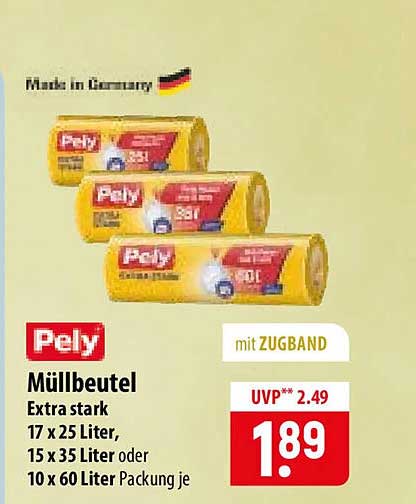 Pely Müllbeutel Extra stark 17 x 25 Liter, 15 x 35 Liter oder 10 x 60 Liter Packung je