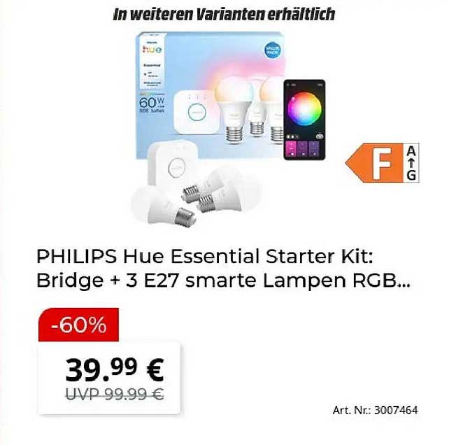 PHILIPS Hue Essential Starter Kit: Bridge + 3 E27 smarte Lampen RGB...