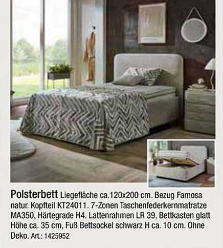 Polsterbett Liegefläche ca. 120x200 cm Bezug Famosa natur. Kopfteil KT24011. 7-Zonen Taschenfederkernmatratze MA350, Härtegrade H4. Lattenrahmen LR 39, Bettkasten glatt Höhe ca. 35 cm, Fuß Bett sockel schwarz H ca. 10 cm. Ohne Deko. Art.: 1425952