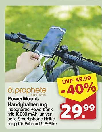 PowerMount Handyhalterung integrierte Powerbank, mit 10.000 mAh, universelle Smartphone Halterung für Fahrrad & E-Bike