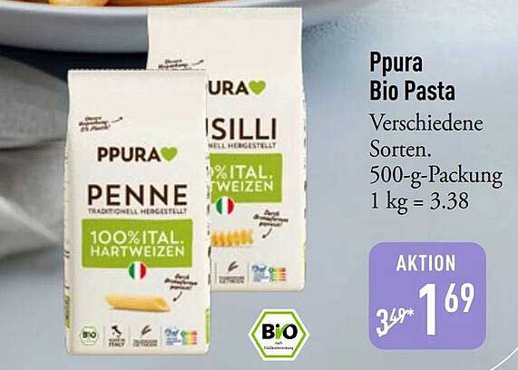 Ppura Bio Pasta Verschiedene Sorten. 500-g-Packung 1 kg = 3.38