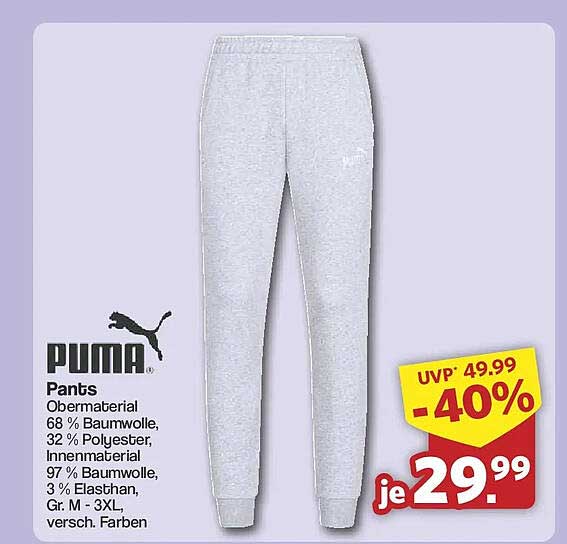 PUMA Pants Obermaterial 68 % Baumwolle, 32 % Polyester, Innenmaterial 97 % Baumwolle, 3 % Elasthan, Gr. M - 3XL, versch. Farben