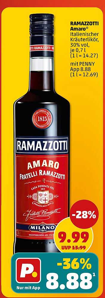 RAMAZZOTTI Amaro italienischer Kräuterlikör, 30% vol, je 0,7 l (1 l = 14.27) mit PENNY App 8.88 (1 l = 12.69)