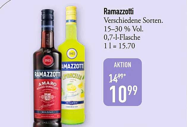 Ramazzotti Verschiedene Sorten. 15–30 % Vol. 0,7-l-Flasche 1 l = 15,70
