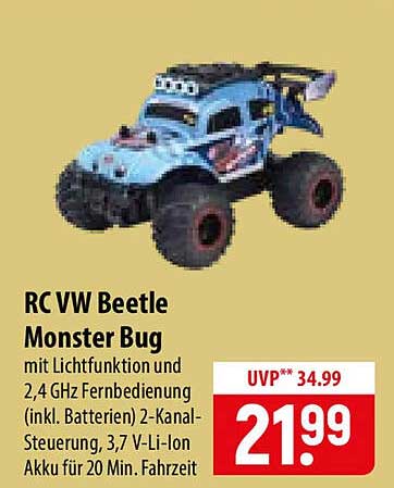 RC VW Beetle Monster Bug mit Lichtfunktion und 2,4 GHz Fernbedienung (inkl. Batterien) 2-Kanal-Steuerung, 3,7 V Li-Ion Akku für 20 Min. Fahrzeit