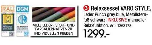 Relaxsessel VARO STYLE, Leder Punch grey blue, Metallstern-fuß schwarz, INKLUSIVE manueller Relaxfunktion. Art.: 1368178