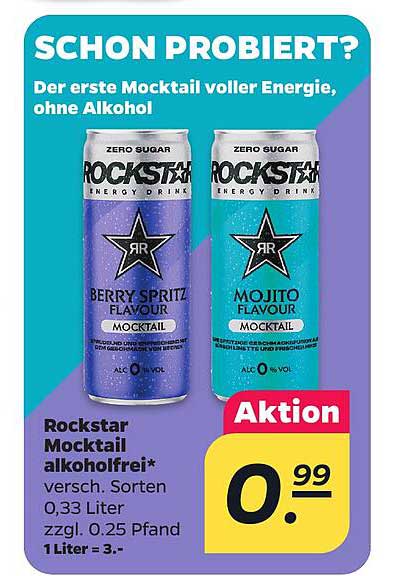 Rockstar Mocktail alkoholfrei* versch. Sorten 0,33 Liter zzgl. 0,25 Pfand 1 Liter = 3.-