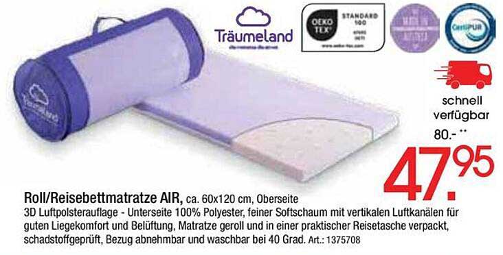 Roll/Reisebettmatratze AIR, ca. 60x120 cm, Oberseite 3D Luftpolsterauflage - Unterseite 100% Polyester, feiner Softschaum mit vertikalen Luftkanälen für guten Liegekomfort und Belüftung, Matratze gerollt und in einer praktischer Reisetasche verpackt, scha