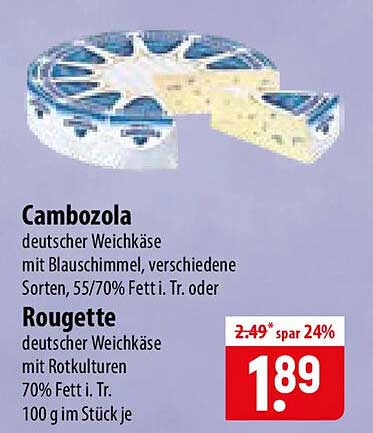Rougette deutscher Weichkäse mit Rotkulturen 70% Fett i. Tr. 100 g im Stück je