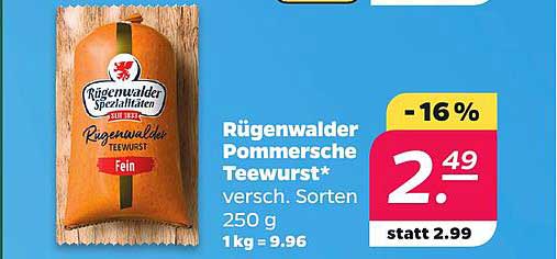 Rügenwalder Pommersche Teewurst* versch. Sorten 250 g 1kg = 9.96